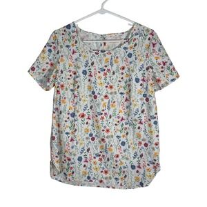 Faded Glory Womens Floral Wildflower Blouse Short Sleeve Keyhole Back M 8-10